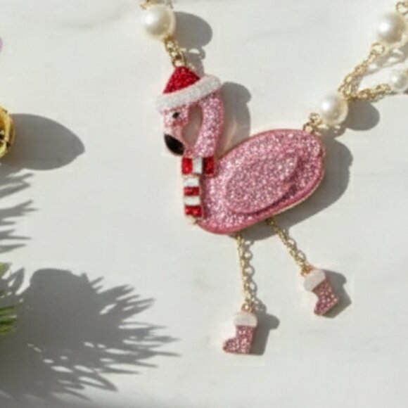 Betsey Johnson Pink and Gold Chain Santa Hat Christmas Flamingo Necklace - Picture 3 of 6